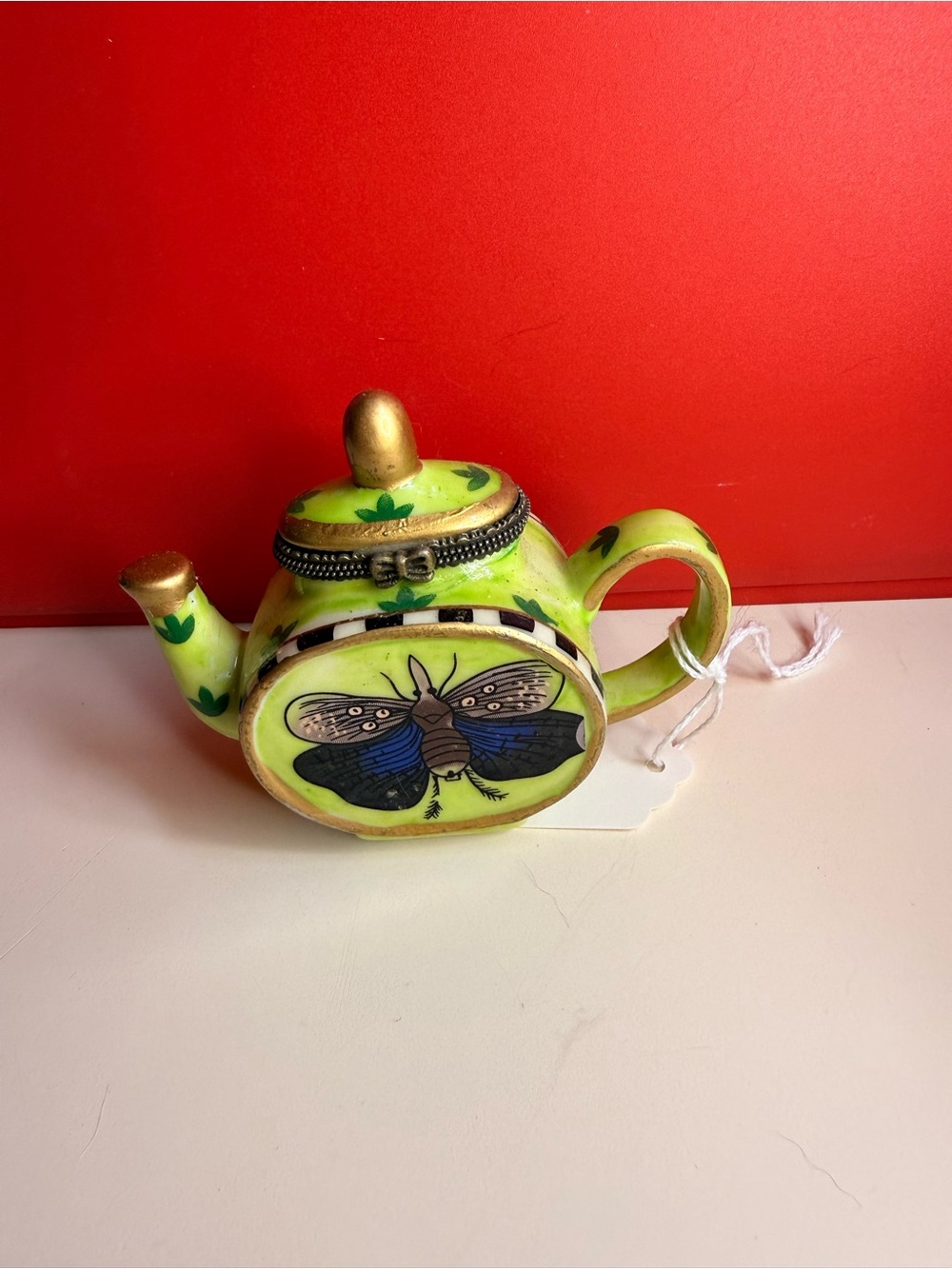 Hand-Painted Lime Green Ceramic Teapot Trinket Box with Blue Butterfly